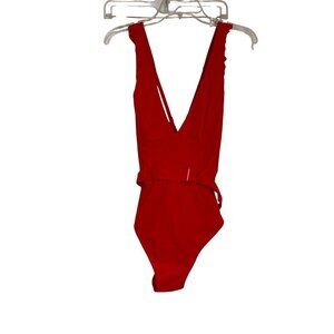 Skinny Dippers Red Ruffled Deep V-Neck One-Piece Swimsuit L Nylon Blend Adjustab